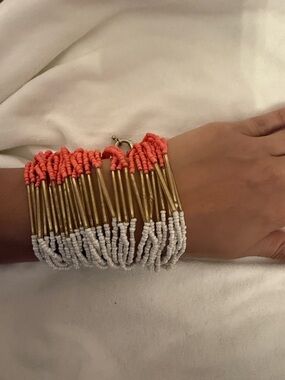 Gold Tube & Coral White Beaded Statement Bracelet